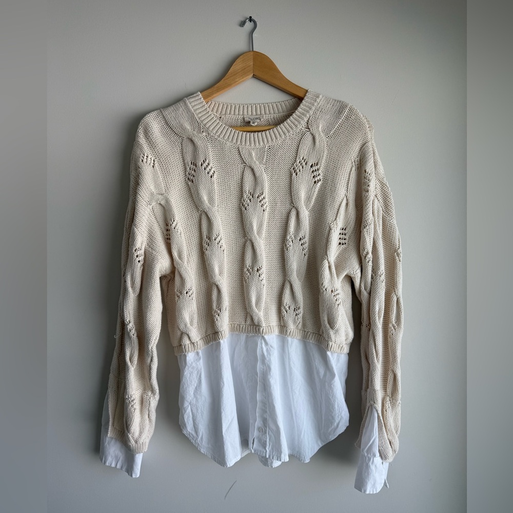 Pilcro Anthropologie Cable Knit Sweater Layered Shirt Hem Cream Medium